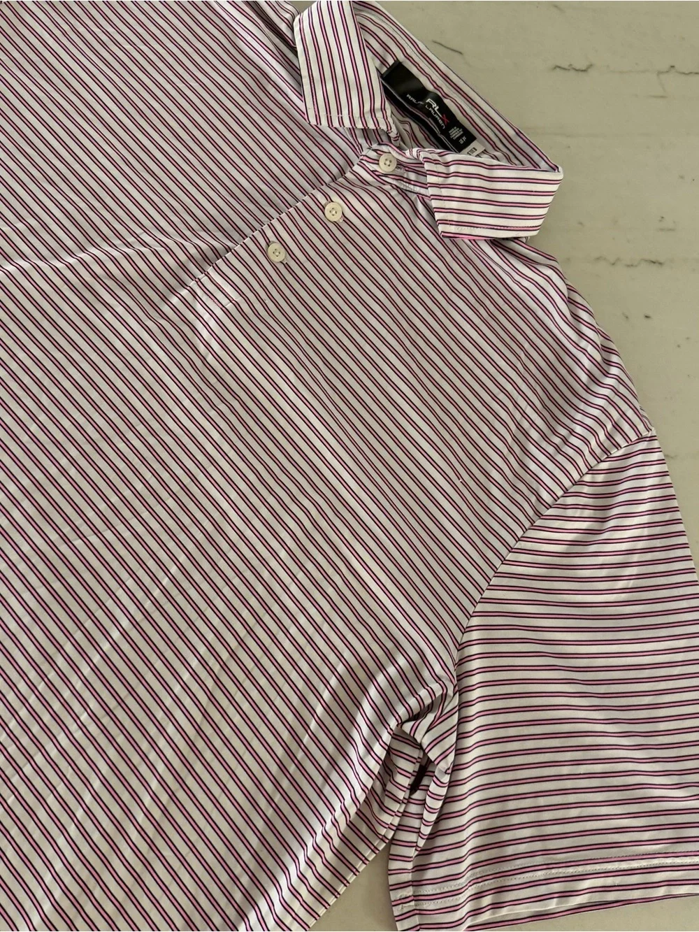 RLX Ralph Lauren Polo Shirt Mens XL Pink Striped Golf Performance Short Sleeve